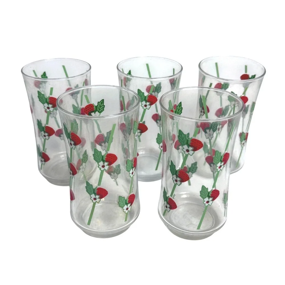 Vintage Greg Flowers Strawberry Vine Glass Tumblers Retro Set of 5 Red Green